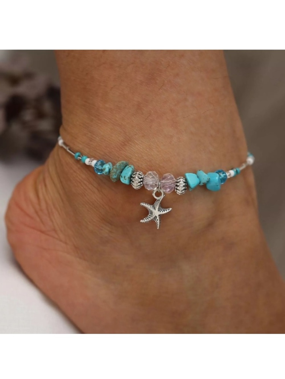 Starfish Silver Toned Turquoise Beaded Boho Anklet
